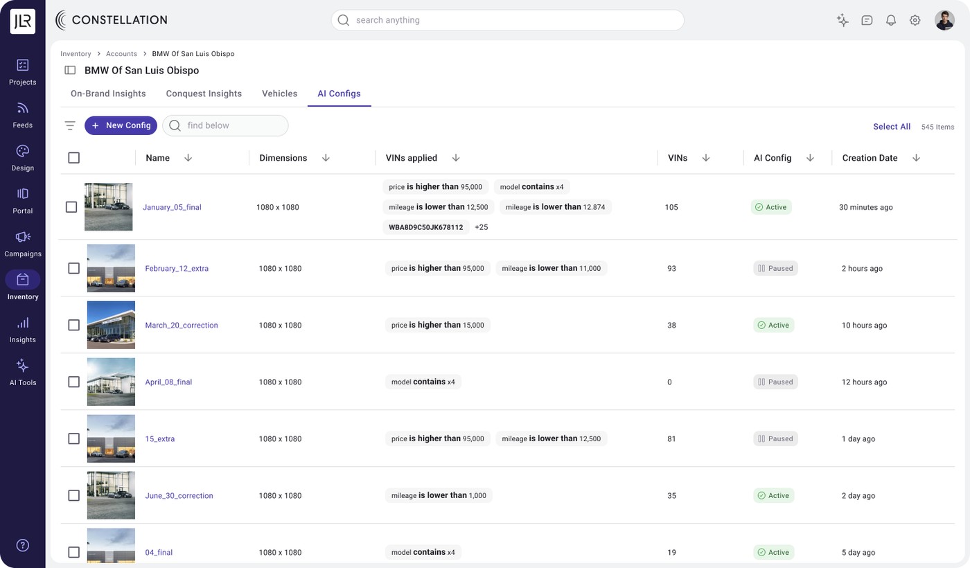 Config gallery table listing every AI config, its VIN filters, coverage and status