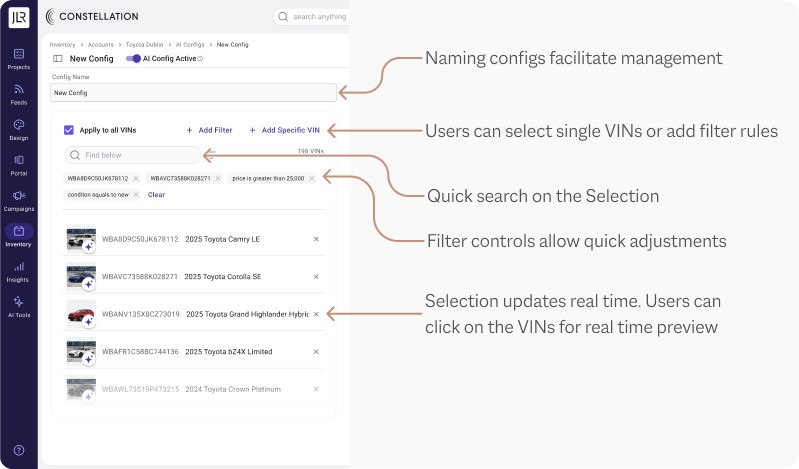Naming and filtering configs, annotated: naming facilitates management, single or filtered VIN selection, quick search, real-time preview