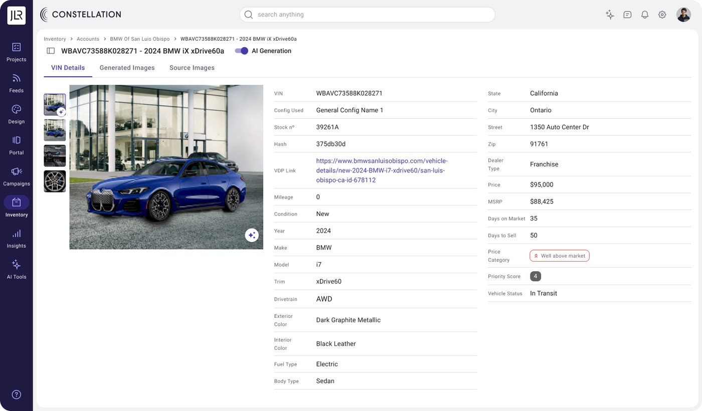 VIN details page showing the vehicle record and its linked AI config source