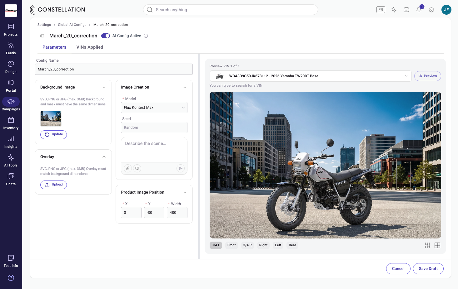 Constellation AI config editor with a live Yamaha TW200T preview